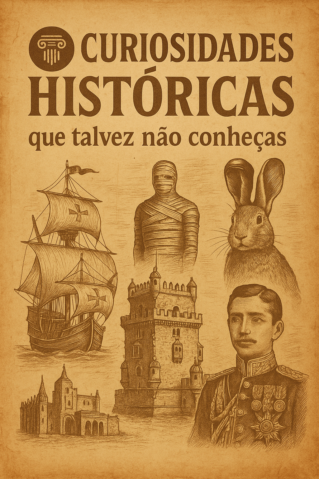 Ilustração vintage para o artigo “5 curiosidades históricas que talvez não conheças” com símbolos históricos e mapa antigo