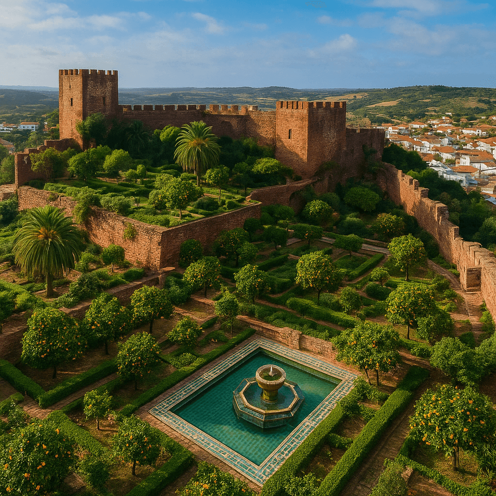 Vista aérea dos jardins secretos de Silves e castelo de Silves com jardins e laranjais ao redor