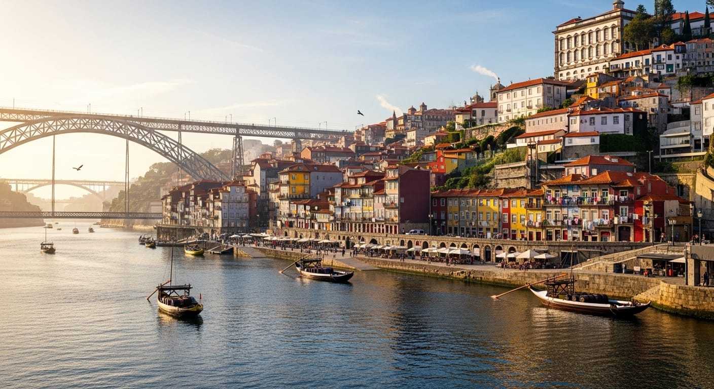 Panorama da História da Ribeira, mostrando a arquitetura histórica, o rio Douro e a Ponte Luís I, ilustrando a rica História da Ribeira.