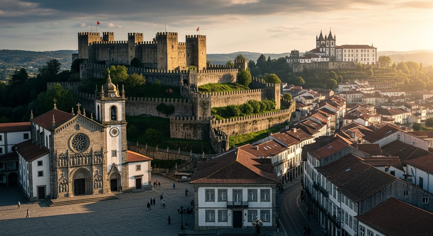 Visitar Guimarães: Panorama deslumbrante da cidade histórica com seus principais monumentos.