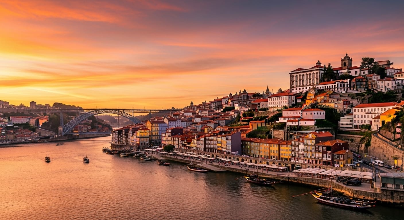 Tesouros Escondidos do Porto: Vista panorâmica da Ribeira ao pôr do sol, revelando a beleza histórica da cidade.