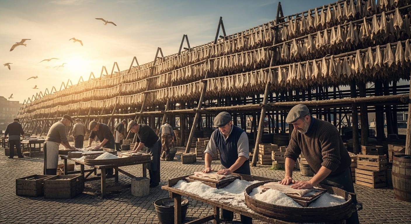 Processo tradicional de salga e secagem de Bacalhau Identidade Marítima Portugal.