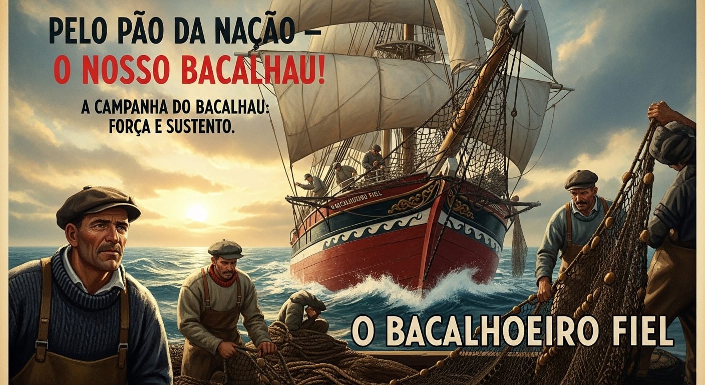 Cartaz histórico que promove a Bacalhau Identidade Marítima Portugal e a pesca do bacalhau.