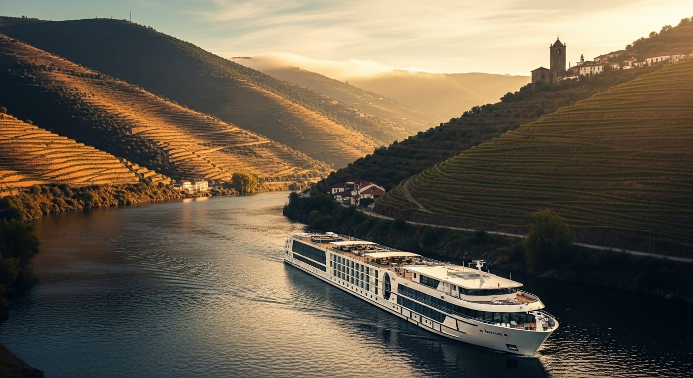 Cruzeiro Barca d'Alva: Detalhe de uma embarcação no Rio Douro, com a paisagem histórica de Barca d'Alva ao fundo.