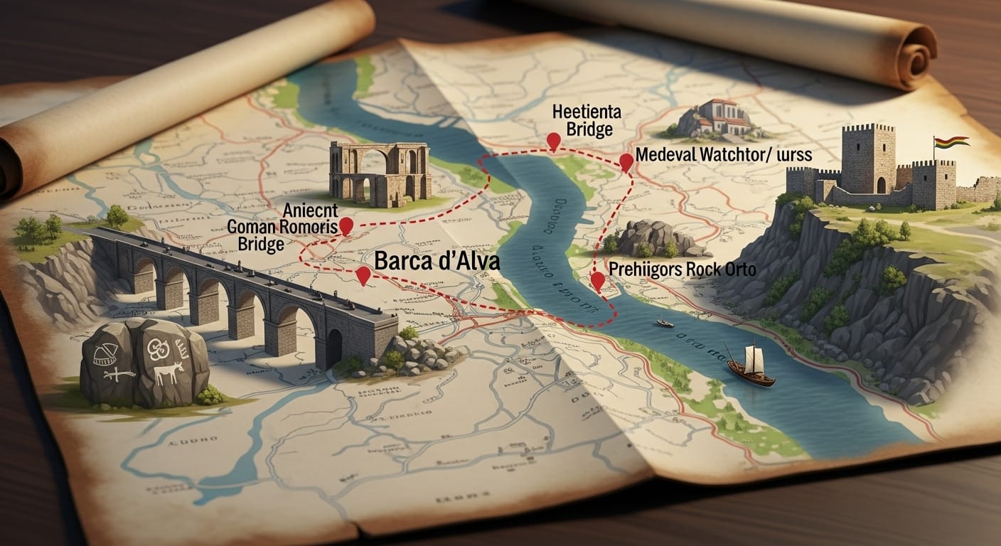 Cruzeiro Barca d'Alva: Mapa da rota de um cruzeiro no rio Douro, com destaque para os pontos históricos próximos a Barca d'Alva.